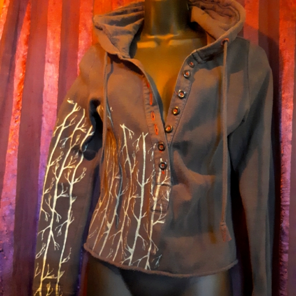 FREE PEOPLE Tree Limb VEIN HOODIE Raw Hem Button Cropped S